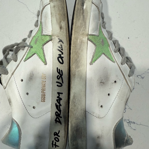 Golden Goose Tennis Shoe - Superstar with Lime Green Star and Silver Heel Tab - Picture 2 of 7